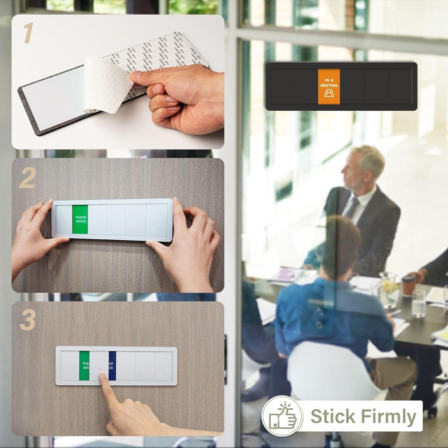 Office Door Signs- 6 Options Out Of Office Sign for Door,Do Not Disturb, In A Meeting,Please Knock, Come On In,Back Soon, Privacy Slider Sign for Meeting & Conference Room Brushed Silver