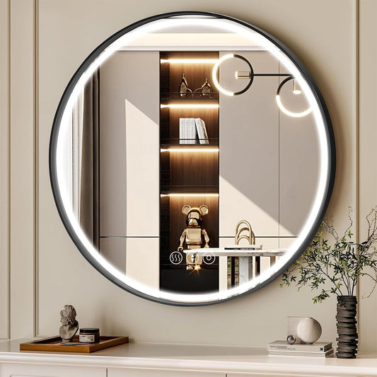 24 Inch Round Bathroom Mirror with Lights, Black Metal Framed Frontlit Circle Mirrors for Wall, Led Light Mirror with Anti-Fog, Memory Function, 3 Color Temperature, Dimmable Makeup Mirror