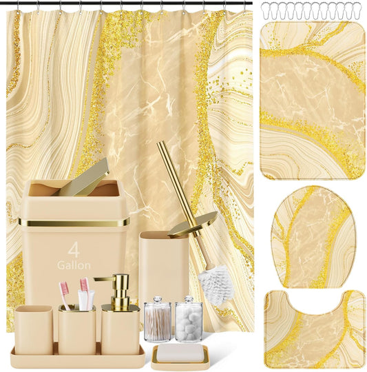 25PCS Bathroom Accessory Set, Beige Bathroom Set with Large-Capacity 4 Gallon Trash Can,Bathroom Rugs Set, Waterproof Shower Curtain, Toilet Brush, Toothbrush Holder & Soap Dispenser