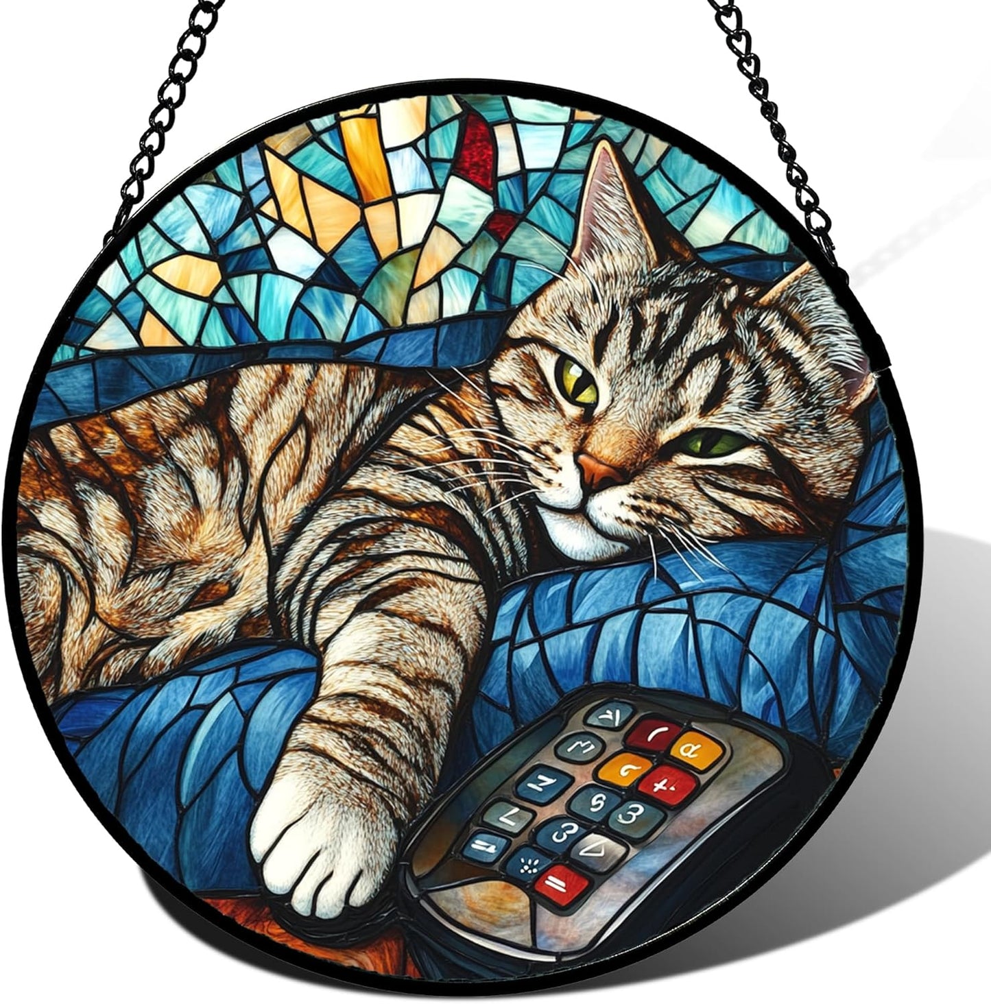 Stained Glass Window Hanging Gray Cat and Remote Control Large 11.8" - Suncatcher Door Garden Kitchen Sun Catcher Home Decor Birthday for Lost Pets Mom Men Woman Friend Grandma
