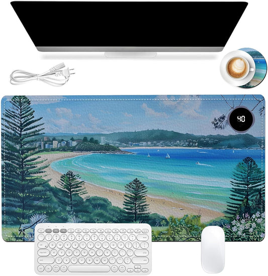 Heated Mouse Pad, Warm Desk Pad, Keyboard Mat 23.6 x 14 Inch Large Size Intelligent Fast Heating, 3 Speed Adjustable, Timed Auto Power Off for Game Office Home, Blue Sea Level Beach Woods