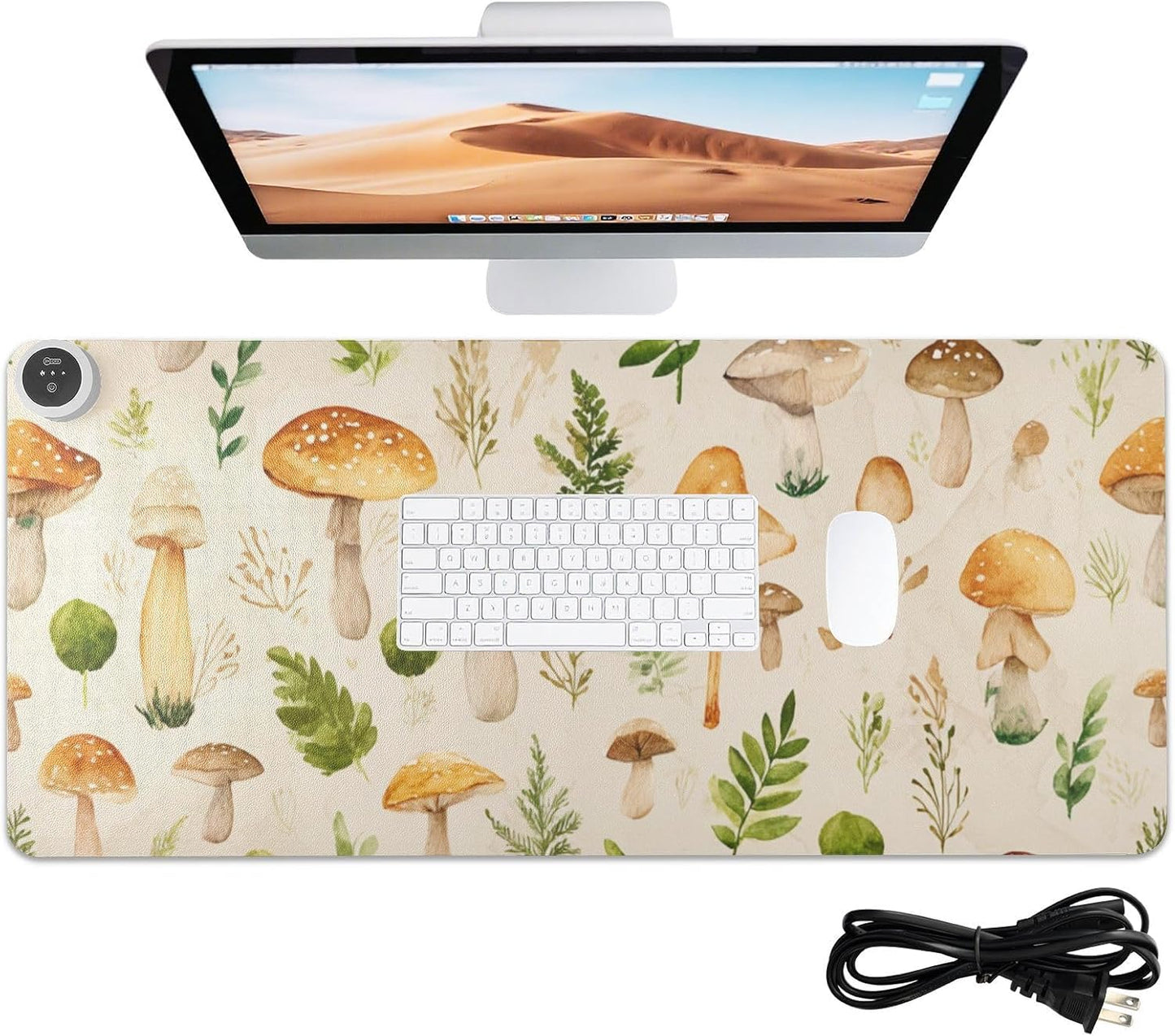 Heated Desk Pad Mouse Pad 31.5x13 Inch PU Leather Desk Mat with 3 Heat Levels Large Mouse Gaming Computer Laptop Mat Watercolor Mushrooms Beige