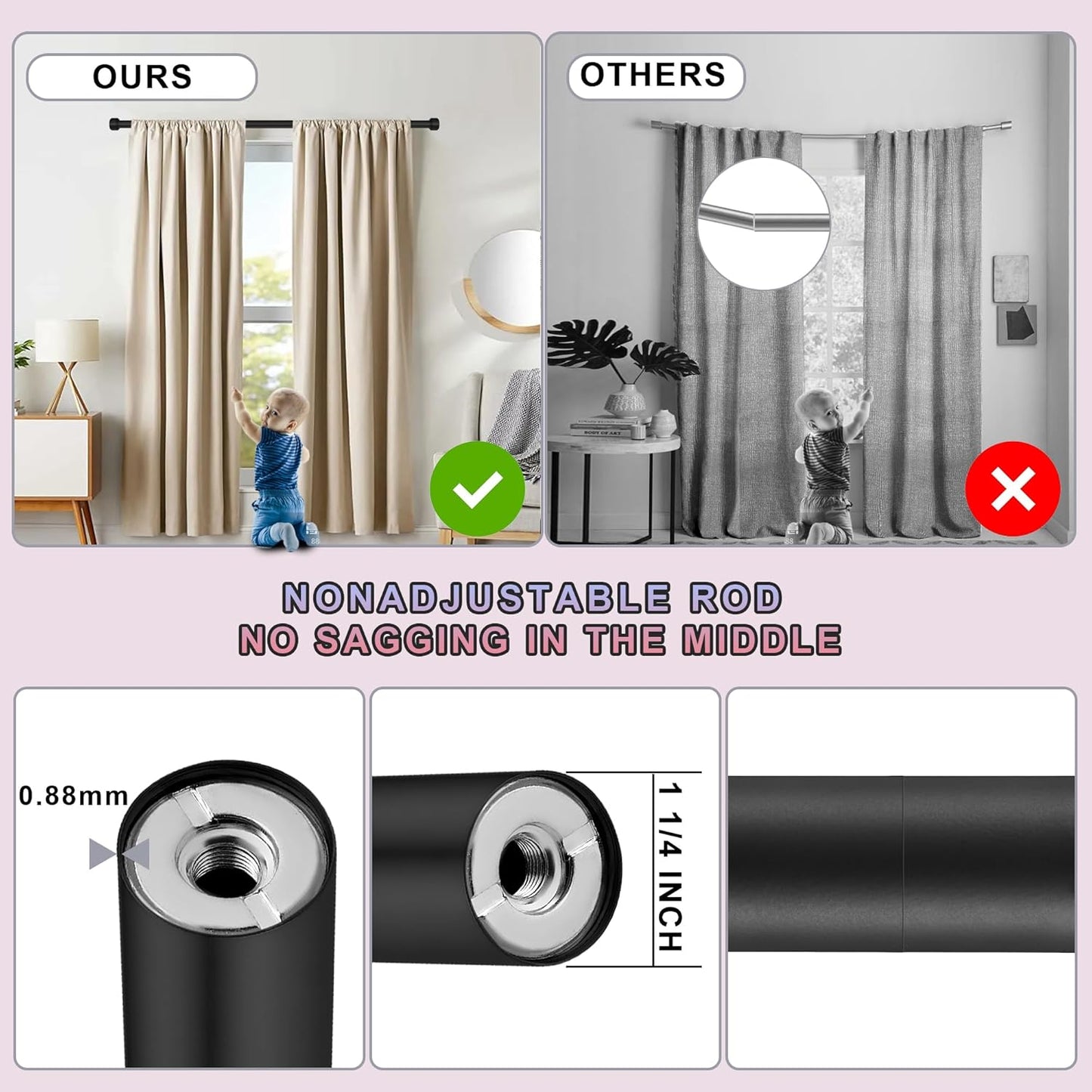 Heavy Duty Curtain Rods,1 1/4" Large Diameter Premium Nonadjustable Curtain Rod,72in/6ft Custom Window Treatment Rods with Durable Aluminum Brackets and End Caps,Black Finish
