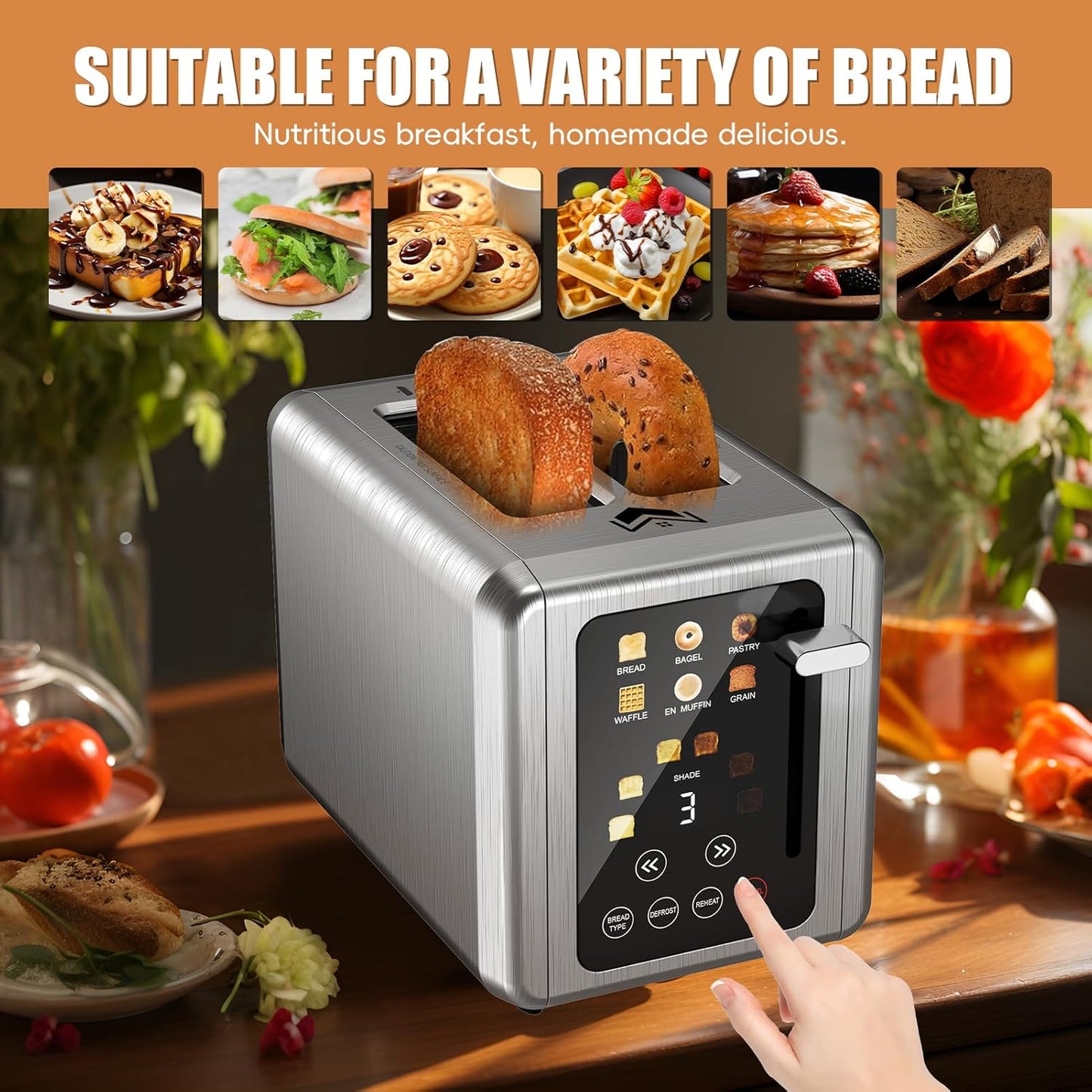 2 Slice Toaster,Touchscreen & Dual Independent Control Panel,5 Basic Functions & Digital Countdown Toasters,6 Shade Settings＆6 Bread Types,Smart Bread Maker Mute/Screen-Off,Silver