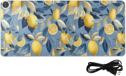 Heated Desk Pad Mouse Pad 31.5x13 Inch PU Leather Desk Mat with 3 Heat Levels Large Mouse Gaming Computer Laptop Mat Blue Lemon Leaves