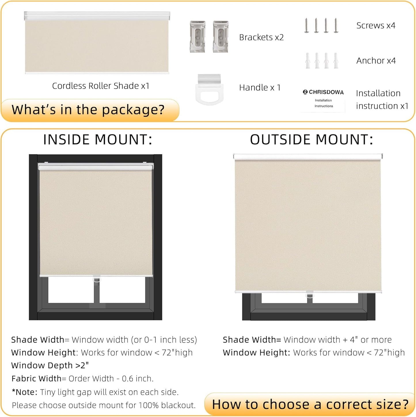 ChrisDowa Cordless Blackout Roller Shades for Windows, Thermal Insulated UV Protection Pull Down Shades, Total Blackout Window Blinds for Home, Office, Bedroom, Door (53" W x 72" H, Beige)