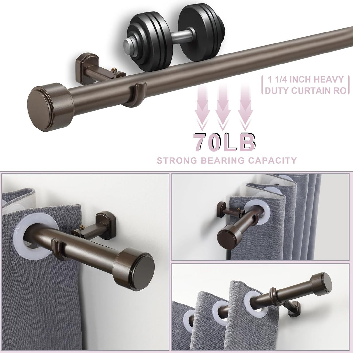 Heavy Duty Curtain Rods,1 1/4" Large Diameter Premium Nonadjustable Curtain Rod,42in/3.5ft Custom Window Treatment Rods with Durable Aluminum Brackets and End Caps,Dark Bronze Finish