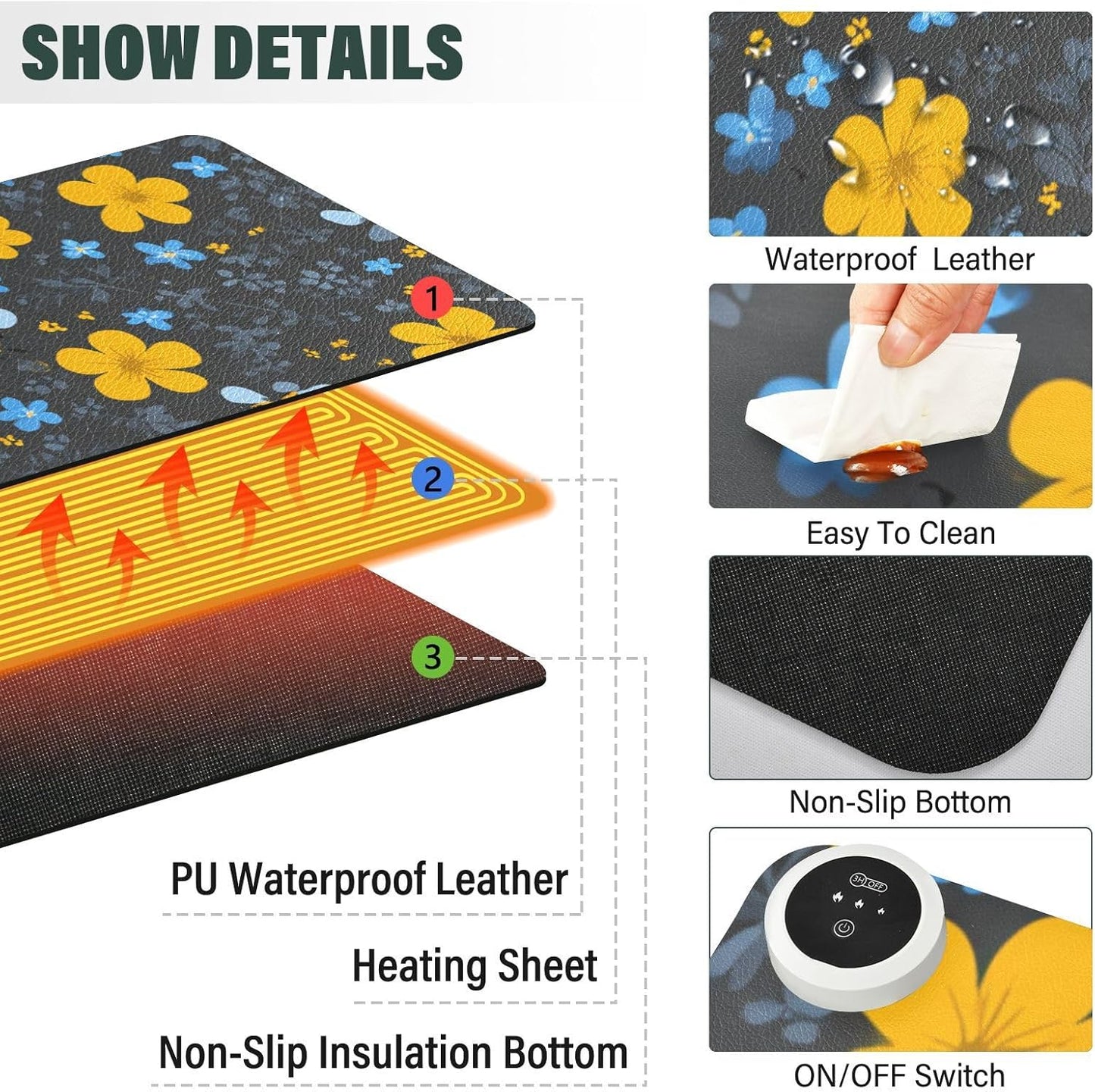 Heated Desk Pad Mouse Pad 31.5x13 Inch PU Leather Desk Mat with 3 Heat Levels Large Mouse Gaming Computer Laptop Mat Blue Floral Fragments and Bees
