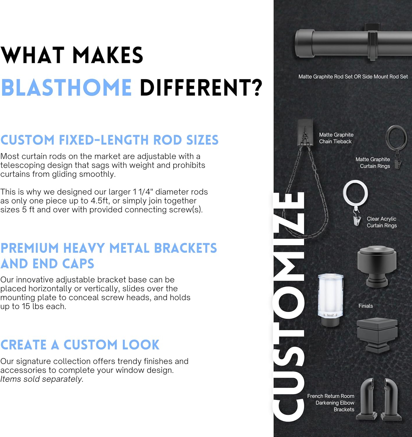 BlastHome® Non-Adjustable Luxury Curtain Rods for Windows, 1 ¼” Rod Set, 7 foot Fixed Length (Two Rods Connect for a Seamless Look), Matte Graphite