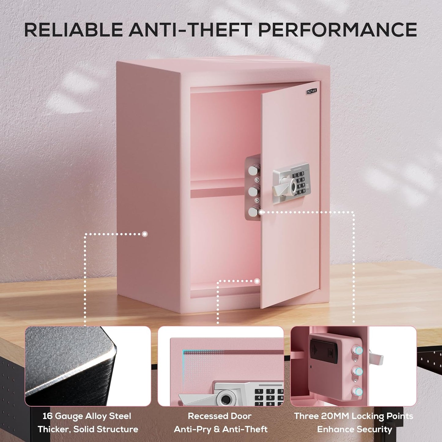 2.0 Cub Biometric Safe Box with Fireproof Bag, Quick-Access Fingerprint with Keys, Digital Keyboard, Type-C Port, Dual Alarm System Safety Box for Home, Office, Hotel Use(Pink)