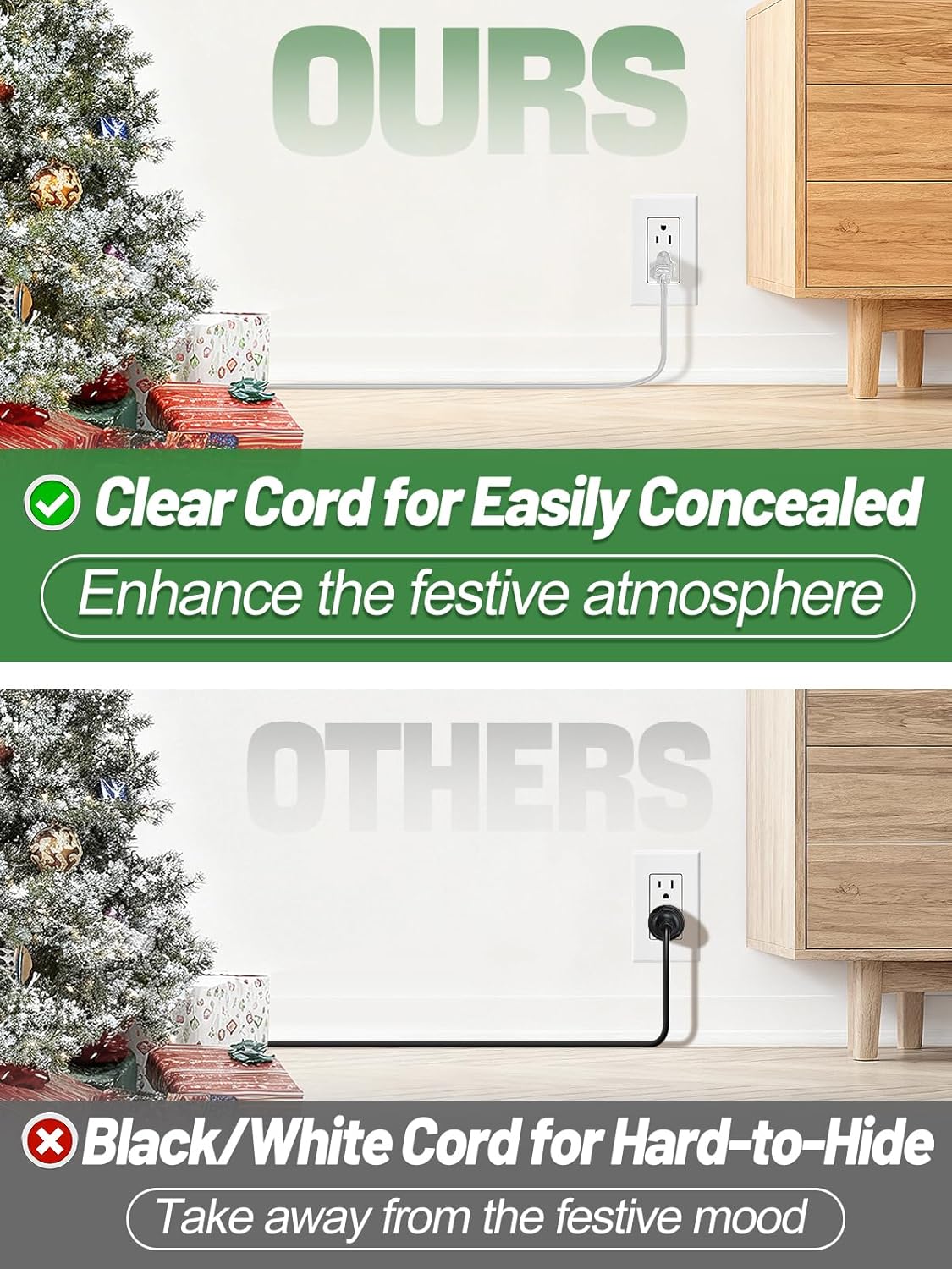 10ft Clear Extension Cord - Male to Female Invisible Indoor Thin 3 Prong Power Cable for Christmas Light Extension Cord, UL-Certified (2 x 18 AWG 250V 6A)