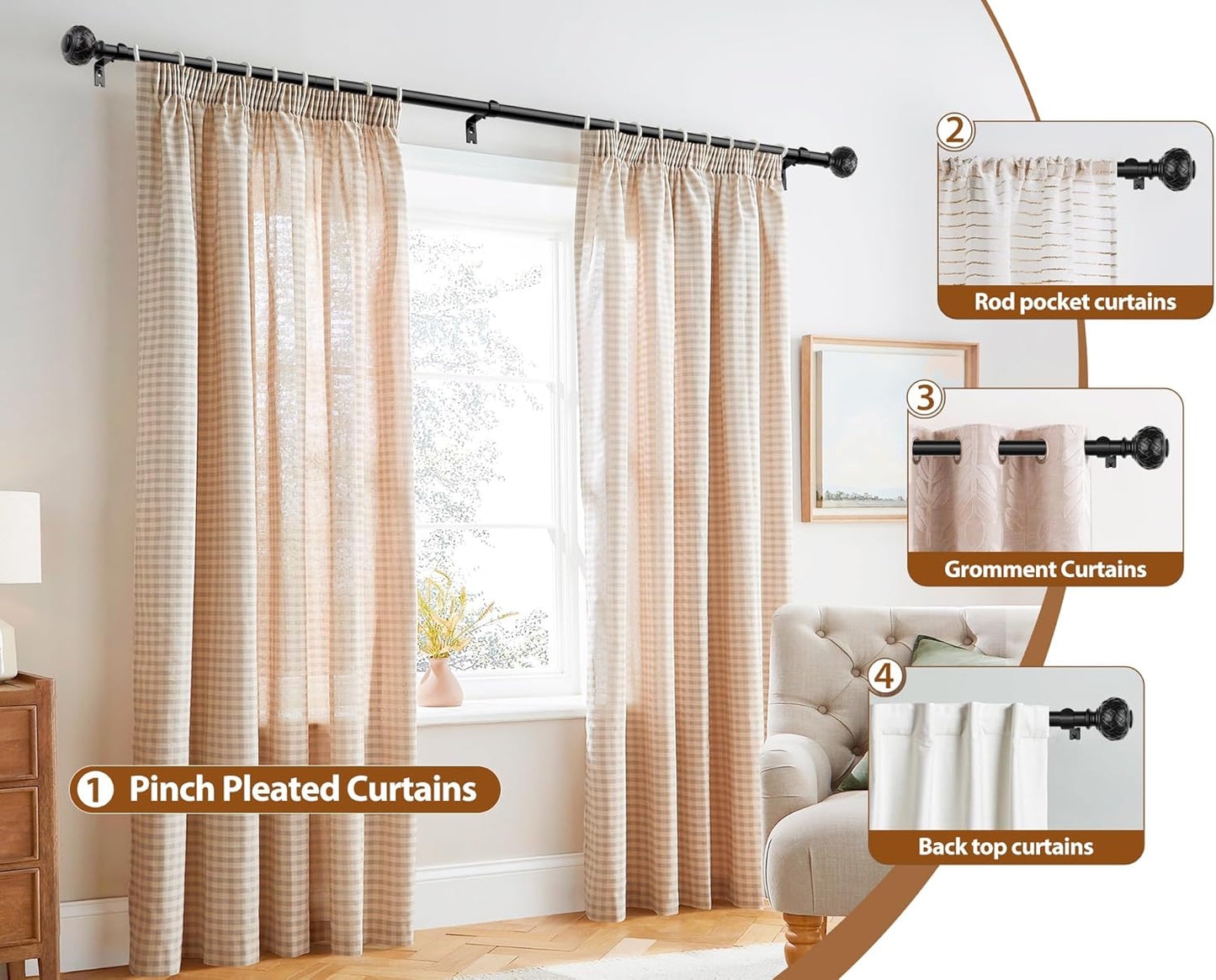 TONIAL Black Curtain Rod 32 to 144 Inches, 7/8 Adjustable Curtain Rods for Windows 20 to 144 Inches, Splicing Drapery Rods Heavy duty with Netted Texture Finials