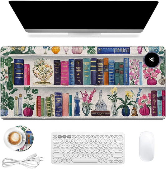 Heated Mouse Pad 31.5x13 in 3-Temp Fast Heating Desk Mat with Auto Timer Warmer for Hands Wrist Pain Relief Waterproof Keyboard Mat for Office, Gaming, Home, Bookshelf Floral