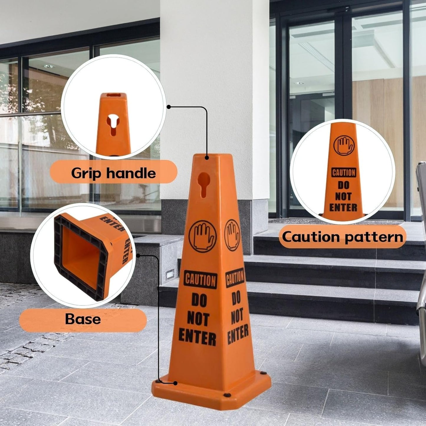 26.5" Caution Cones, 4-Sided Visible Safety Signs with Heavy Rubber Base, Warning for Slip & Fall Prevention, Indoor/Outdoor Use (4, Do Not Enter-Orange, 26.5 inch)