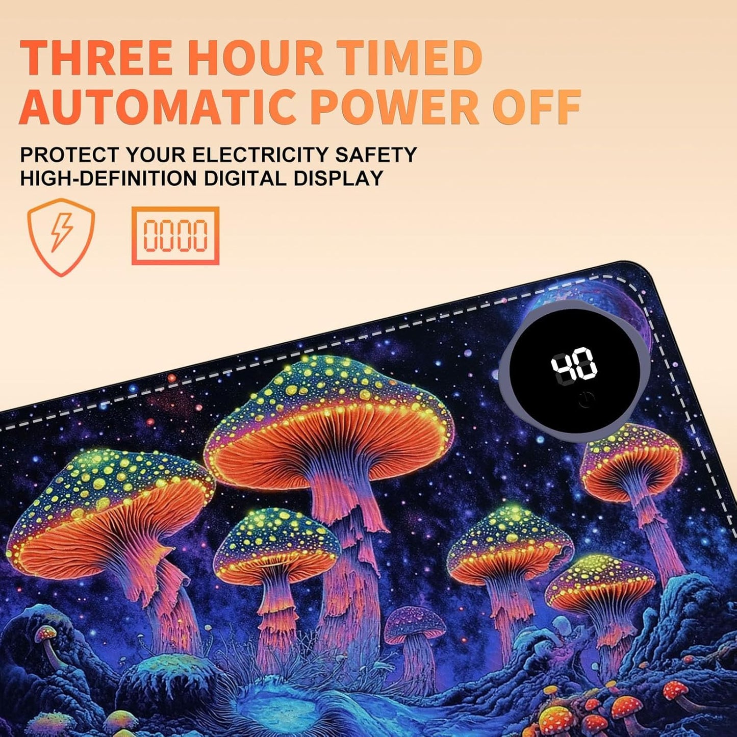 Heated Mouse Pad 23.6 x 14 in 3-Temp Fast Heating Desk Mat with Auto Timer Warmer for Hands Wrist Pain Relief Waterproof Keyboard Mat for Office, Gaming, Home, Mushroom Galaxy Art