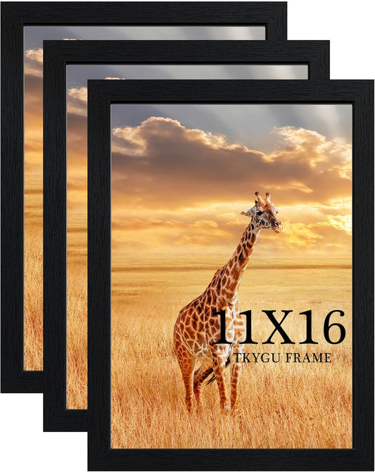 11x16 Picture Frame Set of 3,Wooden Frame 11x16 Wall Gallery Poster Photo frame Black with Durable Shatter Resistant Plexiglass for Wall Mounting Family -friend- wedding best gift