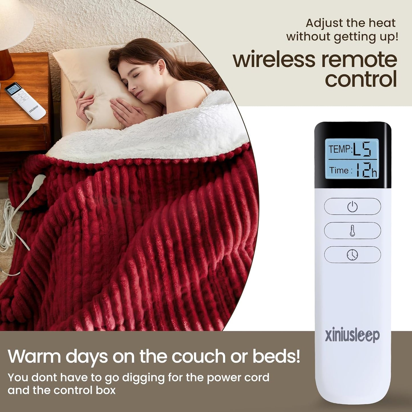 Heated Blanket Electric Blanket 50"x60", Soft Flannel Sherpa Electric Throw with 5 Heating Level & 12 Times Setting, Heated Throw with Overheating Protection, Machine Washable (Red)
