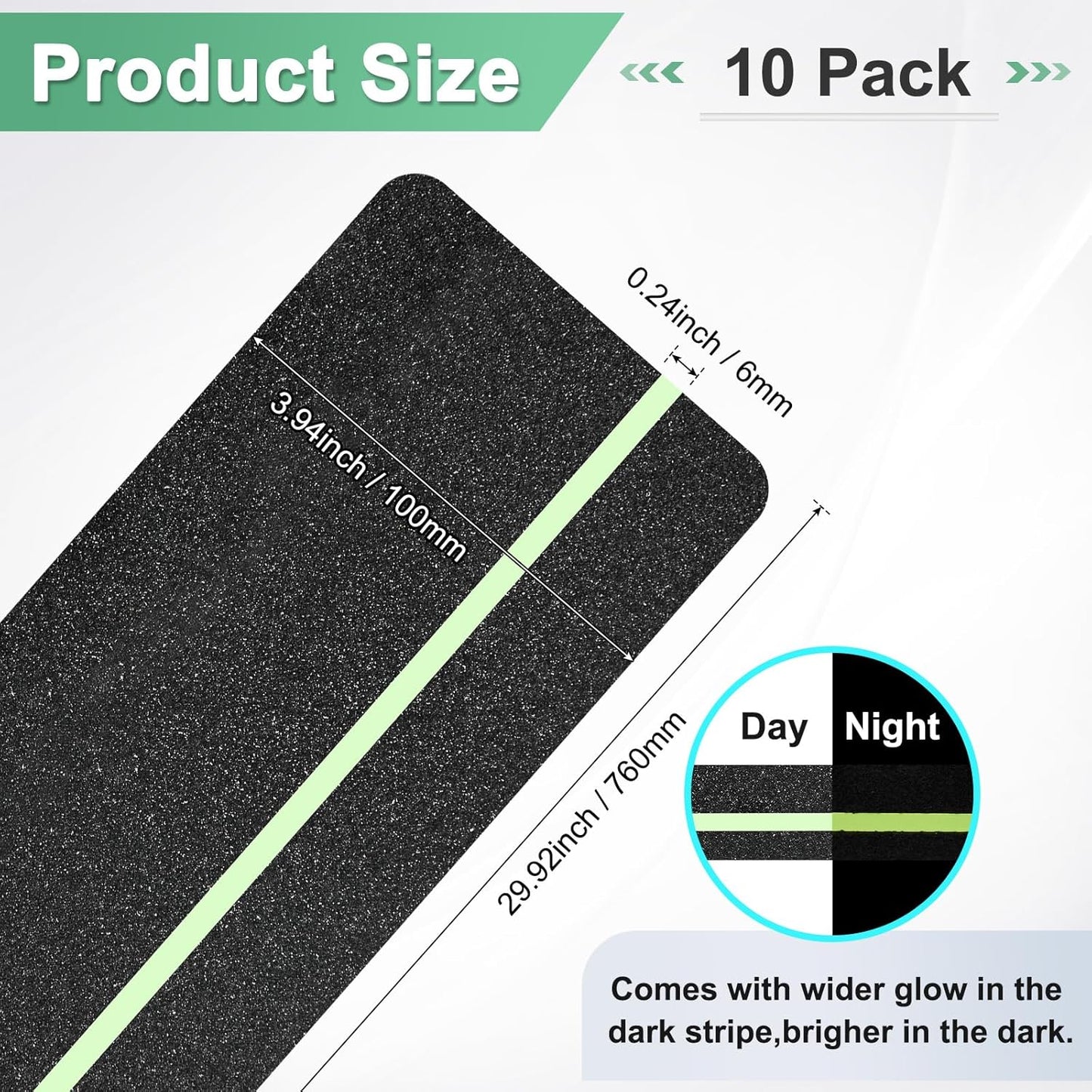 10-Pack Anti Slip Traction Tape 30" x 4" Best Grip Tape Grit with 6mm/0.24" Glow in Dark Stripe High Traction Friction Abrasive Adhesive for Indoor/Outdoor Stairs[Black+Green]