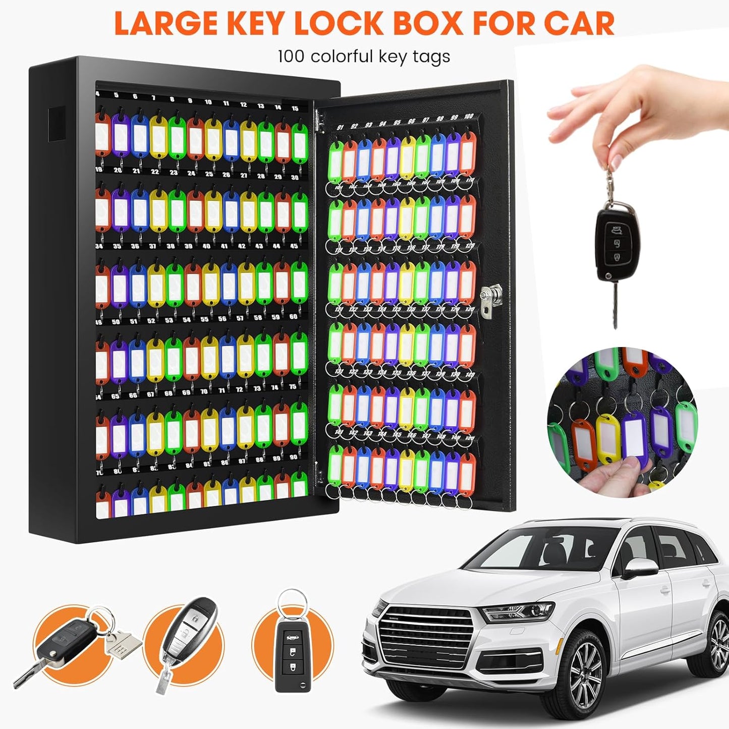 150 Keys Cabinet Organizer Wall Mount, Heavy Duty Key Lock Box with Key Hooks & 150 Tags Key Labels, Security Lockbox for Valets, Hotels, Car, Office Key Management & Storage