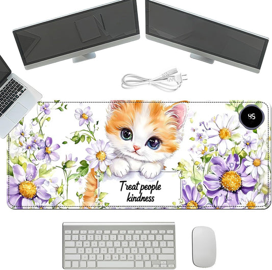 Heated Mouse Pad with 3 Temperature Settings(104°F–122°F),Large 31.5x13 Inch PU Leather Heated Desk Mat,Waterproof Warming Pad for Office,Gaming & Cold Hands Relief,Cute Cat Flower