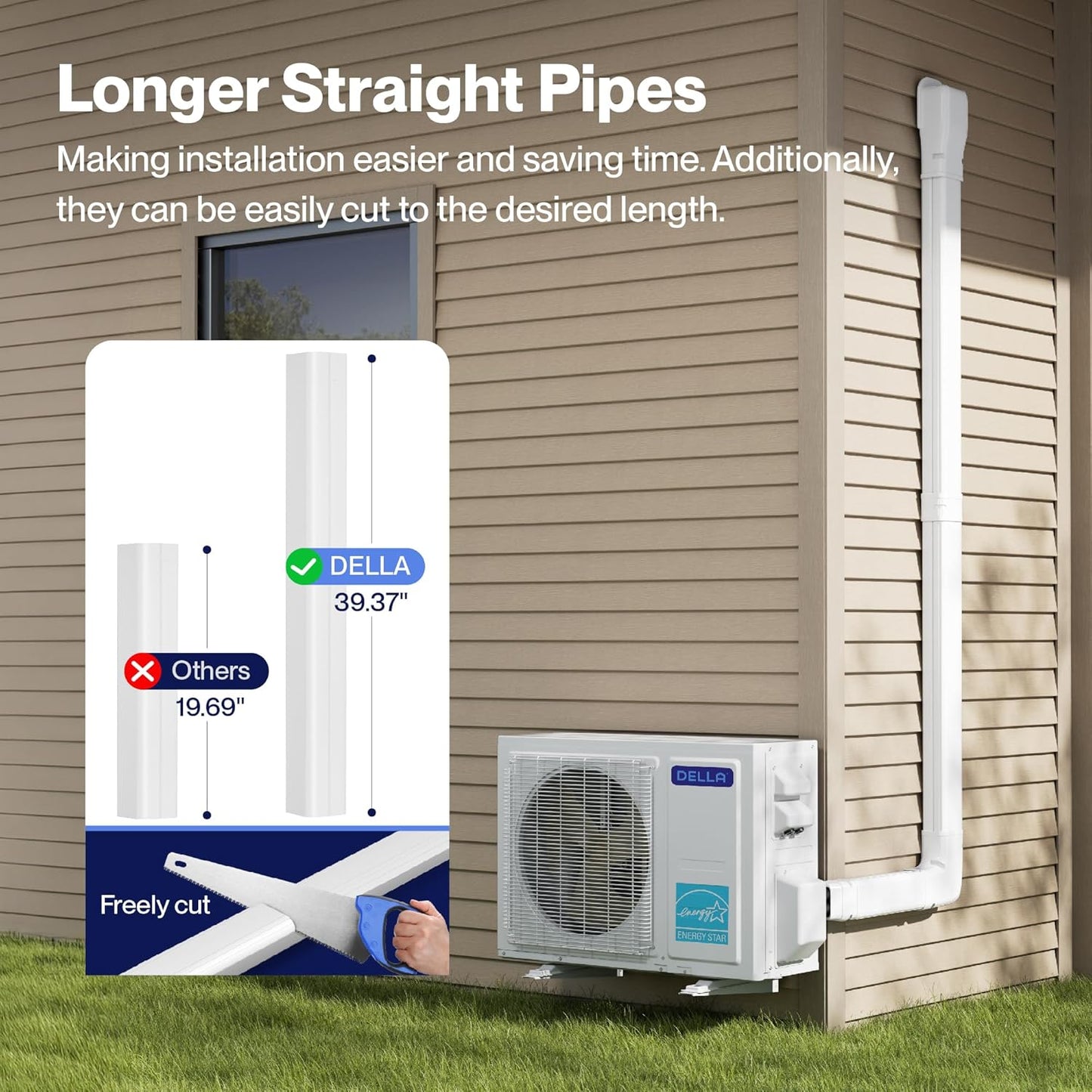 DELLA 4" 16Ft Mini Split Line Set Cover with Flexible Duct, Decorative PVC Lineset Cover Kit, Paintable for Air Conditioner, Central AC, HAVC & Heat Pumps Systems Tubing Cover, White