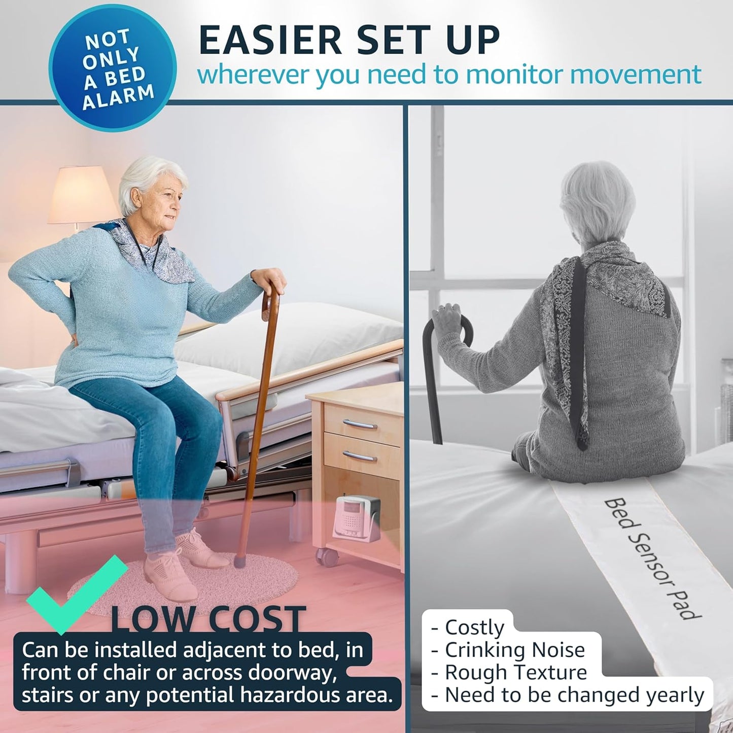 Bed Alarm Caregiver Pager with Wireless Motion Sensor Alarm Indoor Fall Prevention for Elderly Monitoring Seniors Dementia Patients Seniors Home Door Chime