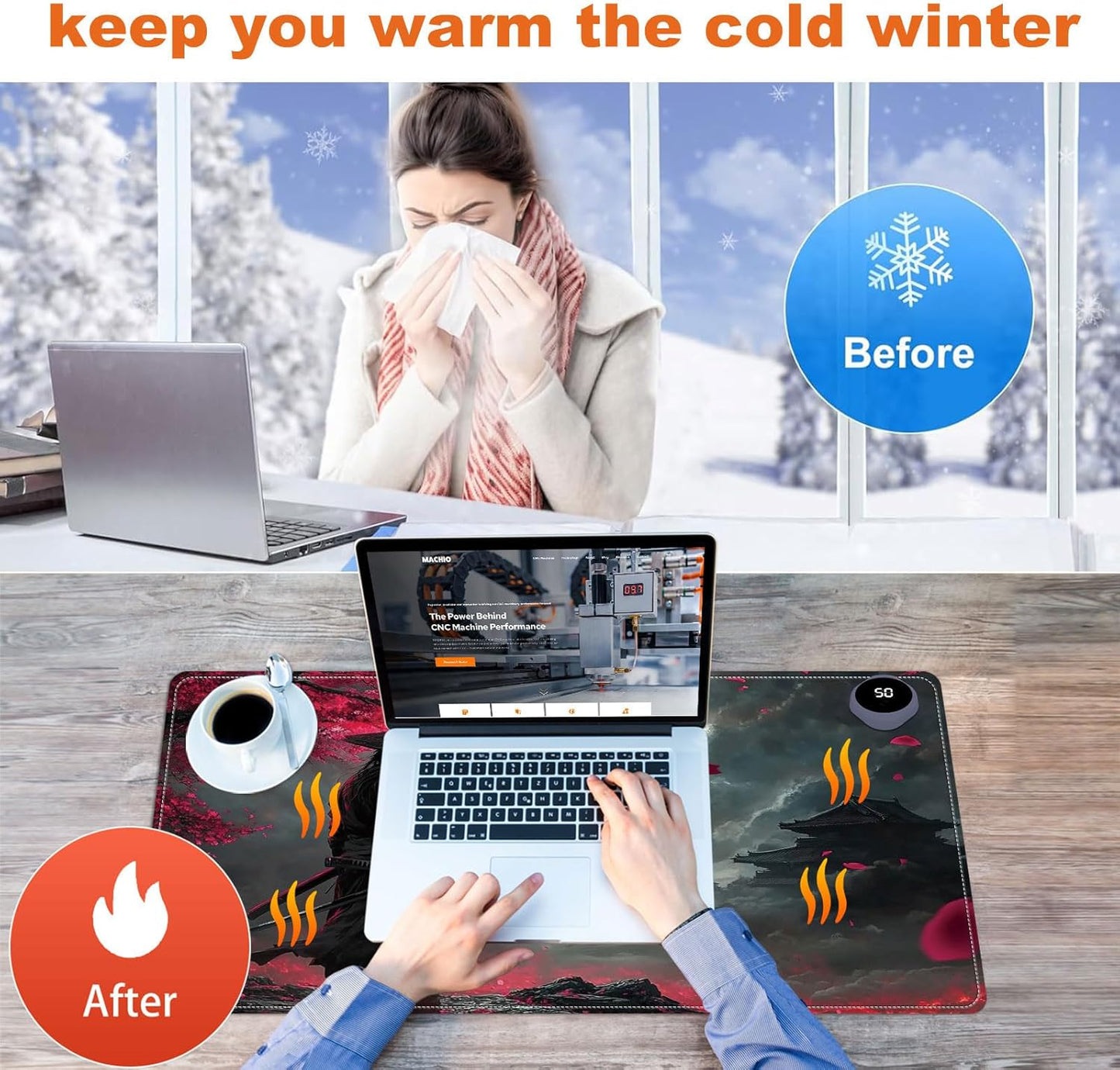 Heated Mouse Pad for Desk 31.5" x 13" – PU Leather Warm Desk Pad with 3 Heat Levels (104°F/113°F/122°F), Plug-in Electric Heating Mat with Auto Shut-Off, Waterproof & Rollable, Samurai