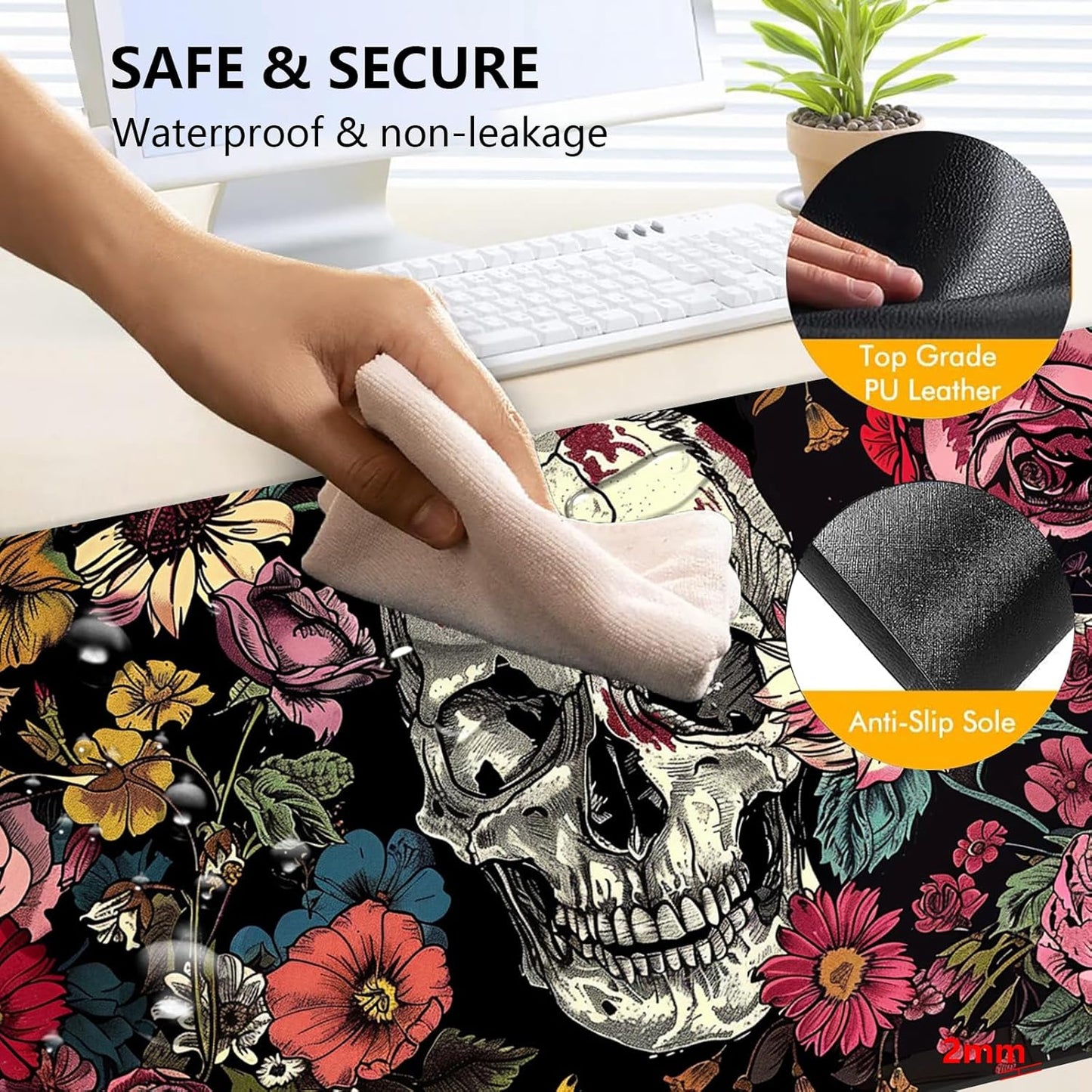 Heated Mouse Pad with 3 Levels Heated & 3 Hours Auto Shut-Off Mouse Pad for Warming Hands in Office Home, 31.5" x 13"Large Safe Desk Mat Hand Warmer，Skull in Flowers