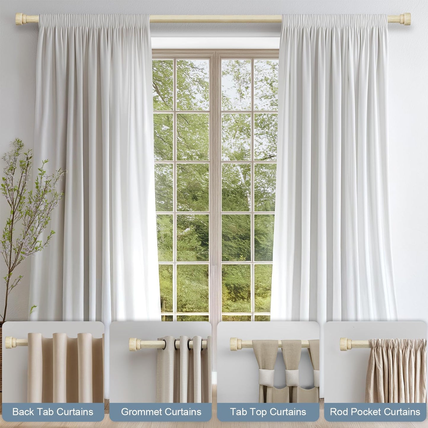 2 Pack White Oak Wood Grain Curtain Rods for Windows 28 to 48 Inches 1" Diameter Boho Decorative Heavy Duty Window Curtain Rod Adjustable with Solid Finials for Living Room Bedroom Kitchen Farmhouse
