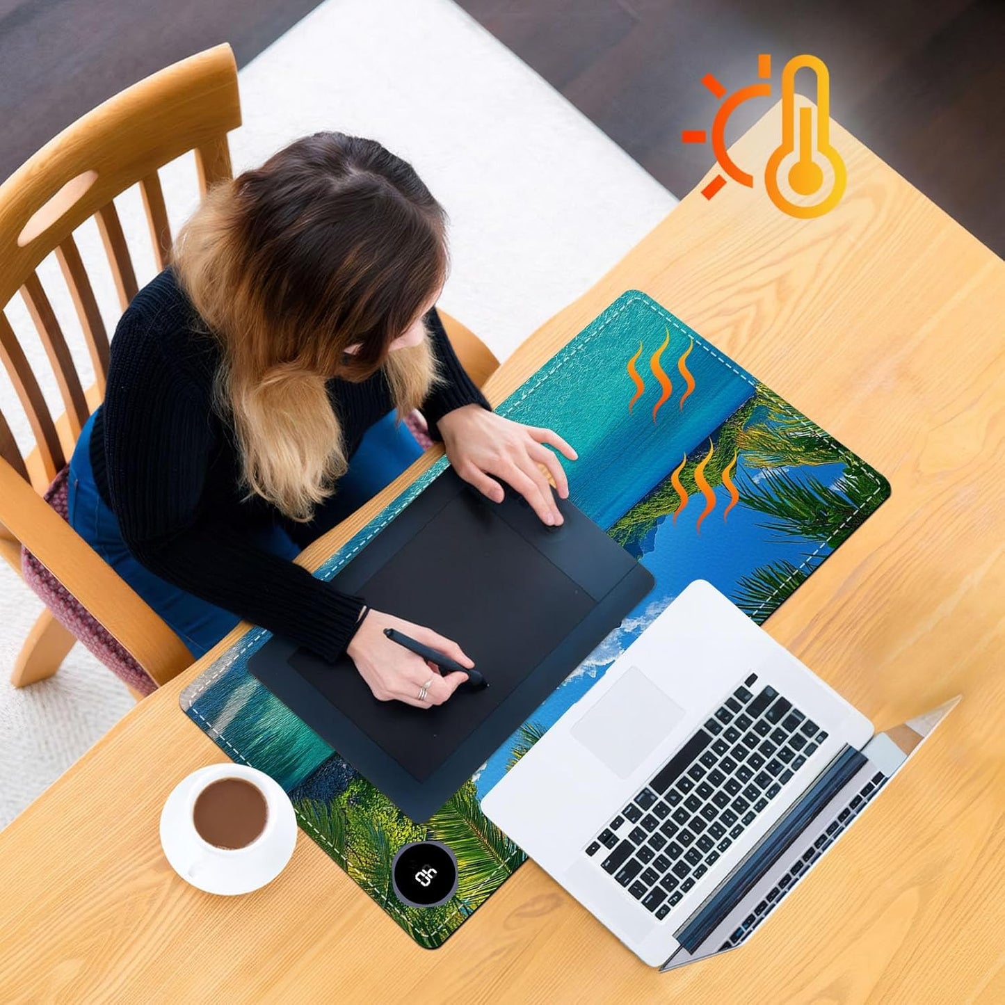 Heated Mouse Pad 23.6 x 14 in 3-Temp Fast Heating Desk Mat with Auto Timer Warmer for Hands Wrist Pain Relief Waterproof Keyboard Mat for Office, Gaming, Home, Tropical Paradise Beach