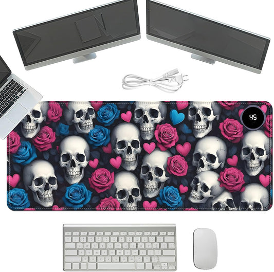 Heated Mouse Pad with 3 Temperature Settings(104°F–122°F),Large 31.5x13 Inch PU Leather Heated Desk Mat,Waterproof Warming Pad for Office,Gaming & Cold Hands Relief,Skeleton Skulls Flower