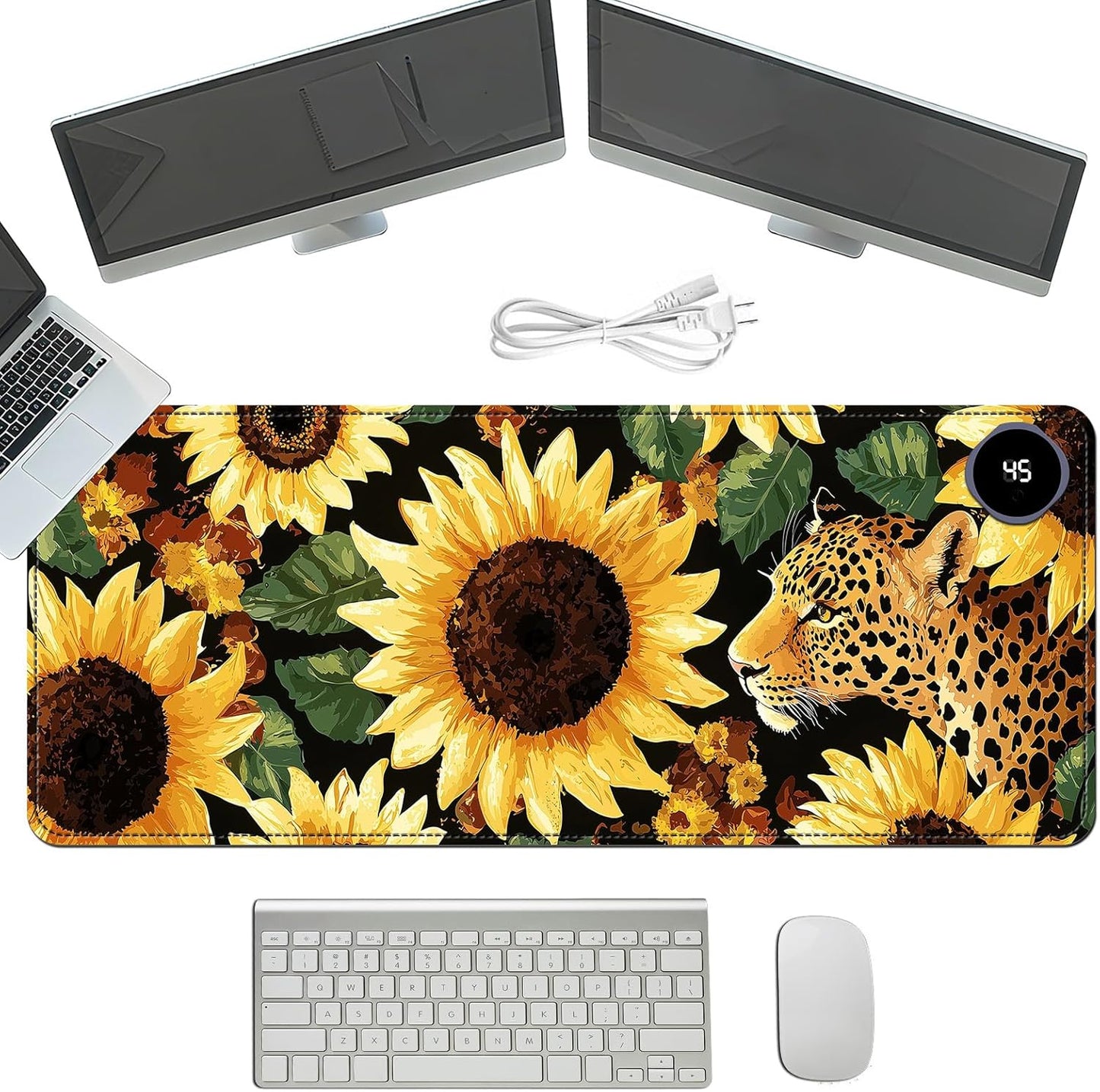 Heated Mouse Pad with 3 Temperature Settings(104°F–122°F),Large 31.5x13 Inch PU Leather Heated Desk Mat,Waterproof Warming Pad for Office,Gaming & Cold Hands Relief,Sunflowers Leopard Print