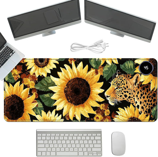 Heated Mouse Pad with 3 Temperature Settings(104°F–122°F),Large 31.5x13 Inch PU Leather Heated Desk Mat,Waterproof Warming Pad for Office,Gaming & Cold Hands Relief,Sunflowers Leopard Print