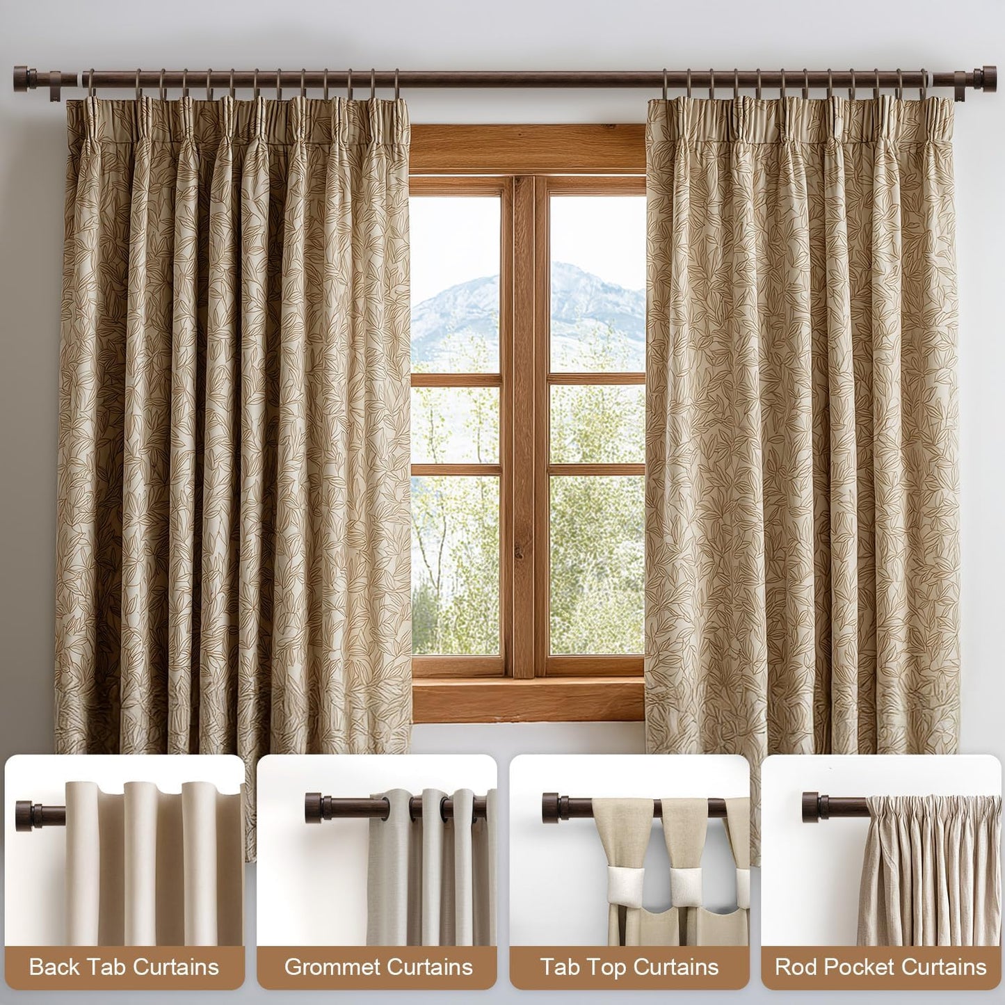 2 Pack Deep Walnut Wood Grain Curtain Rods for Windows 28 to 48 Inches 1" Diameter Heavy Duty Window Curtain Rod Adjustable with Solid Finials for Living Room Bedroom Kitchen Farmhouse Outdoor