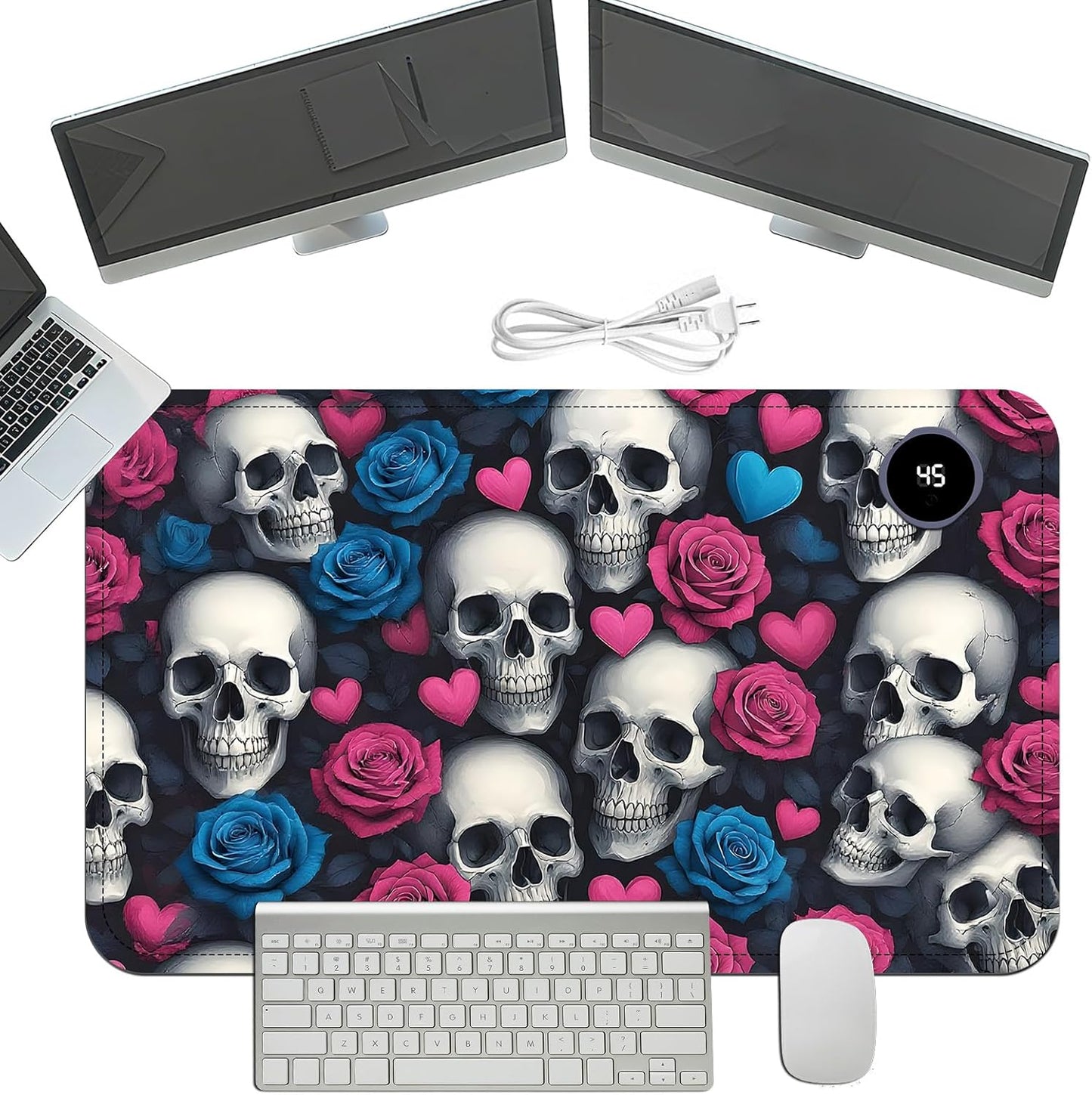 Heated Mouse Pad with 3 Temperature Settings(104°F–122°F),Large 24x14.2 Inch PU Leather Heated Desk Mat,Waterproof Warming Pad for Office,Gaming & Cold Hands Relief,Skeleton Skulls Flower