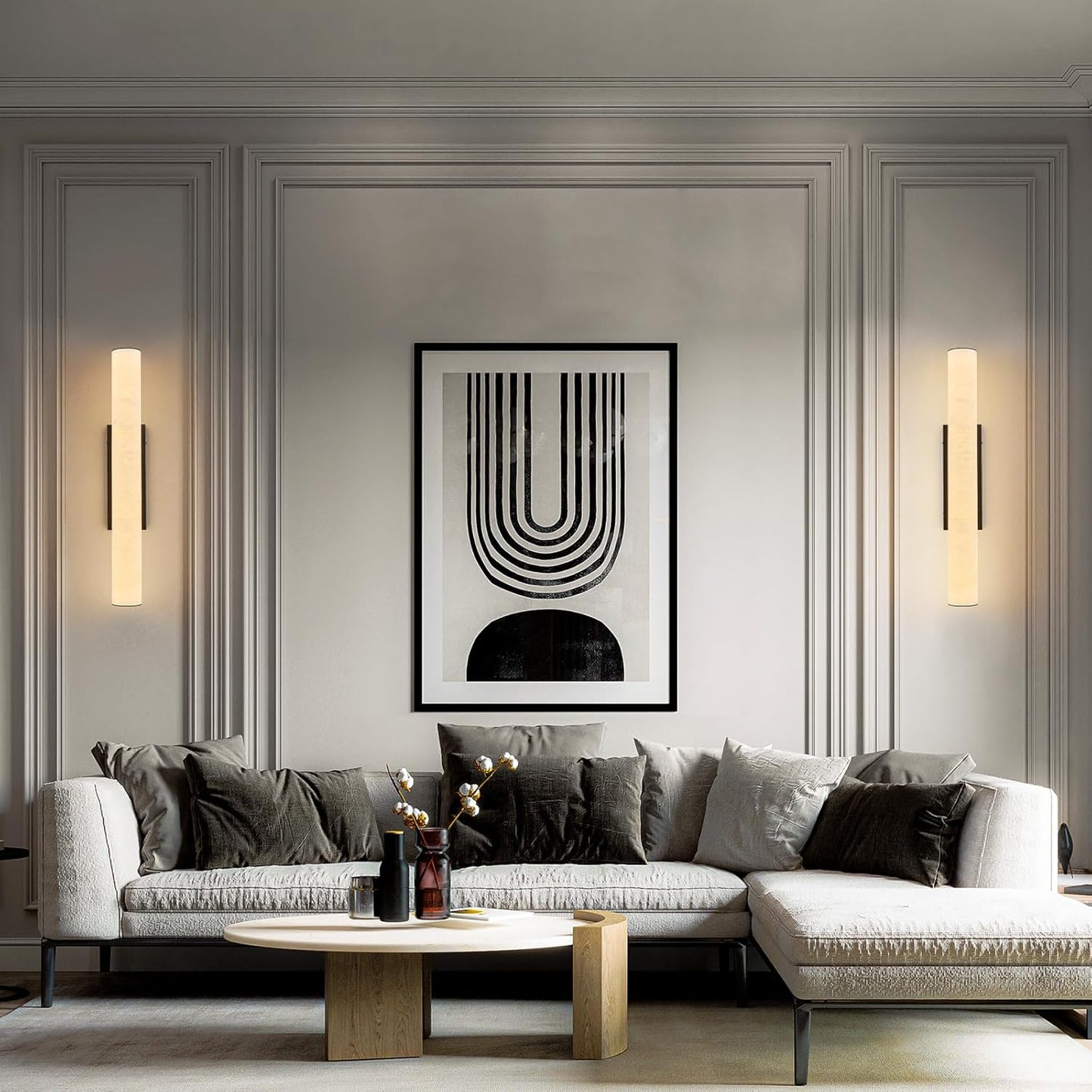 LMQNINE Natural Alabaster Wall Sconces Spanish Marble Wall Light Cylinder Modern Black LED Sconce for Living Room Bedroom Bathroom Stairs（M-1Pack）