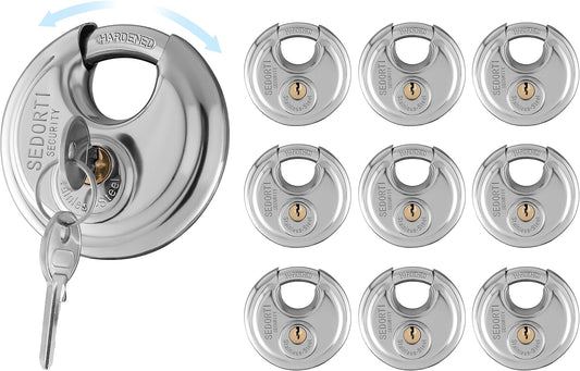 10-Pack Discus Padlocks Keyed Alike, 2-3/4 inch Wide, Stainless Steel 304 Round Lock, Waterproof and Rustproof Storage Lock with Brass Keys, Ideal for Storage Unit Gate, Outdoor, Shed, Fence