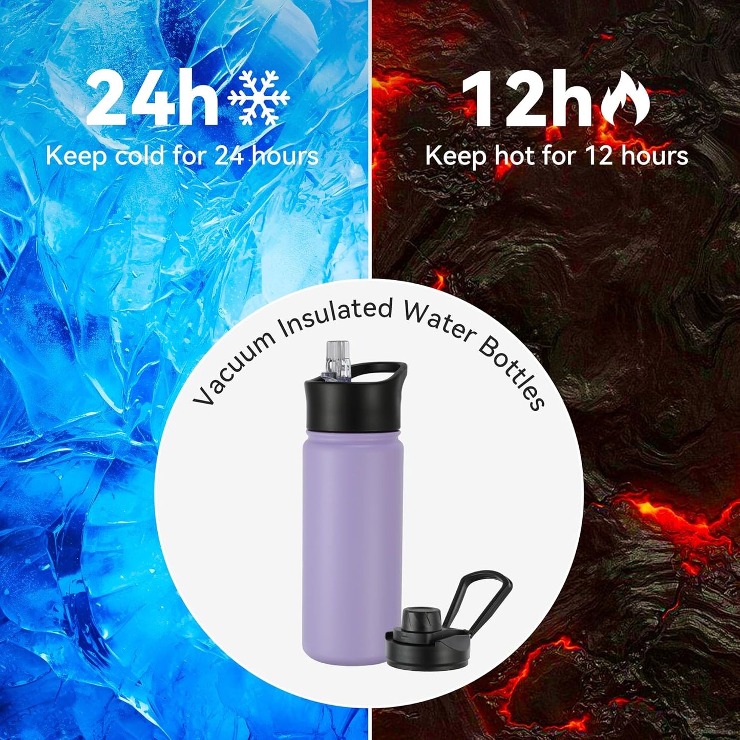 16 oz Insulated Water Bottle with Straw Lids, Stainless Steel Kids Water Bottles for School, Double Wall Vacuum Metal Water Bottle with Straw & Wide Mouth Lid, Lavender 4 Pack