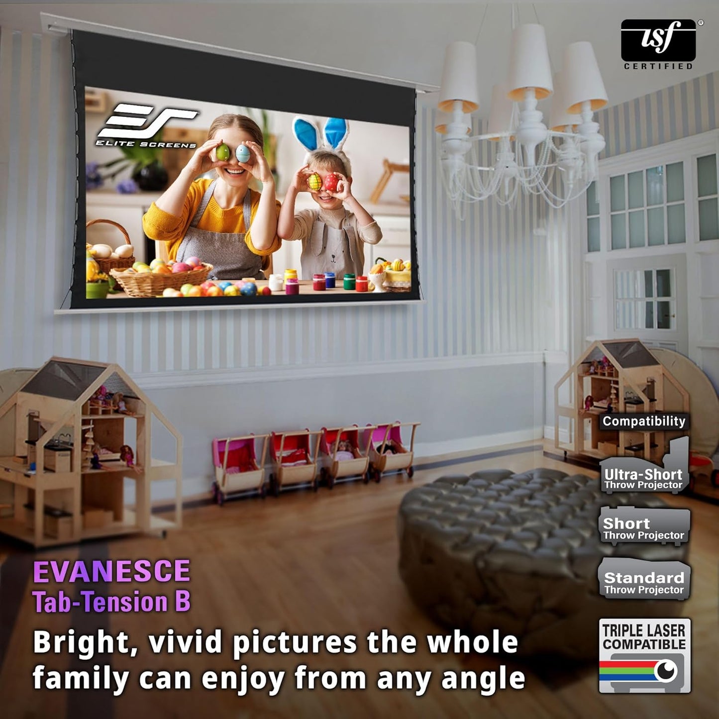 Elite Screens Evanesce Tab-Tension B, 120-inch 16:9, 4K / 8K HD, Recessed in-Ceiling Electric Tab Tensioned Projector Screen, Matte White Projection Screen Surface Programmed Remote Kit, ETB120HW3-E8