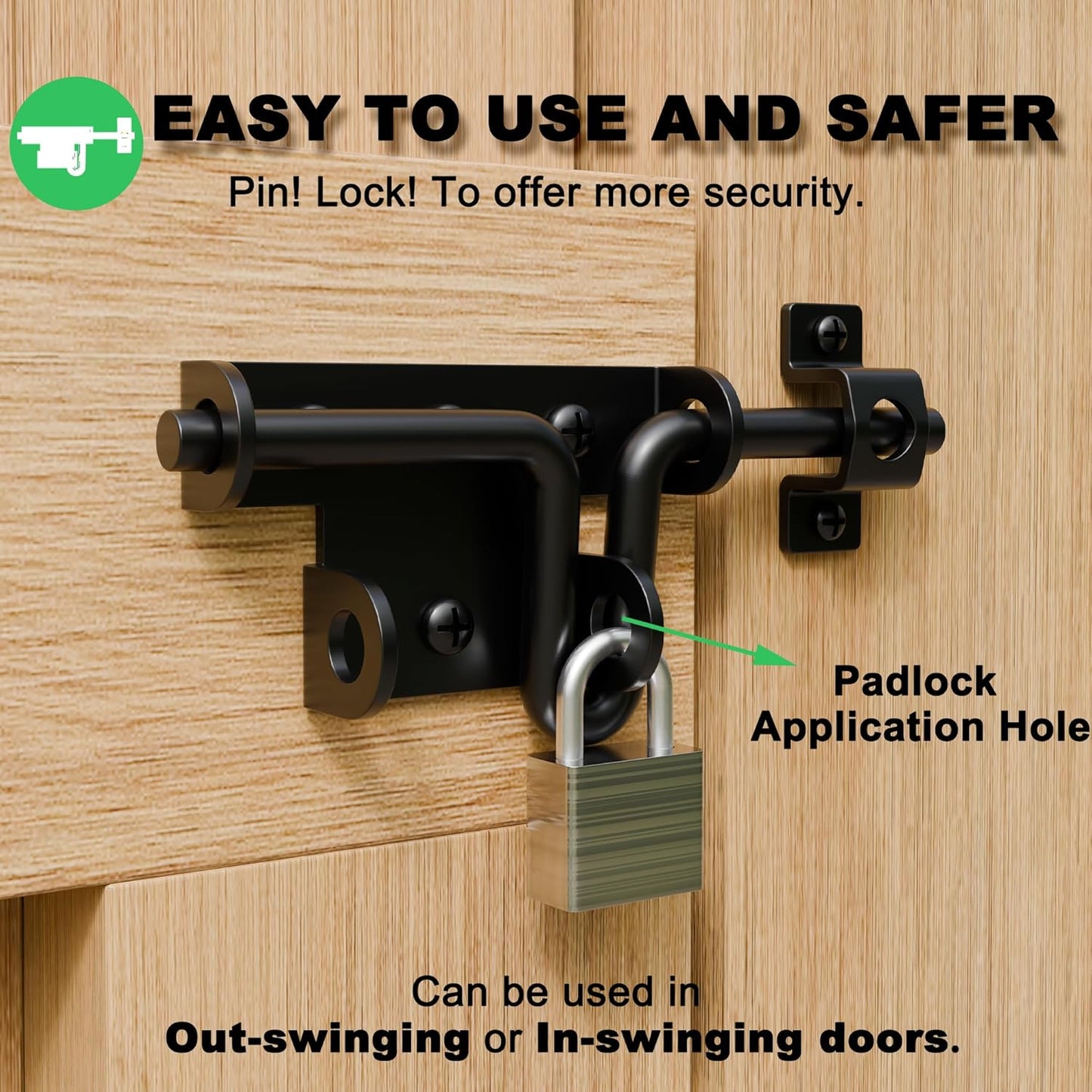 Heavy Duty Slide Bolt Gate Latch for Wooden Fence, 2 Way Barn Door Latch with Padlock Hole, Offset and Flush Mounted Gate Latch for Outdoor Gates/Yard Fence/Shed Door, Black, 2 Pack
