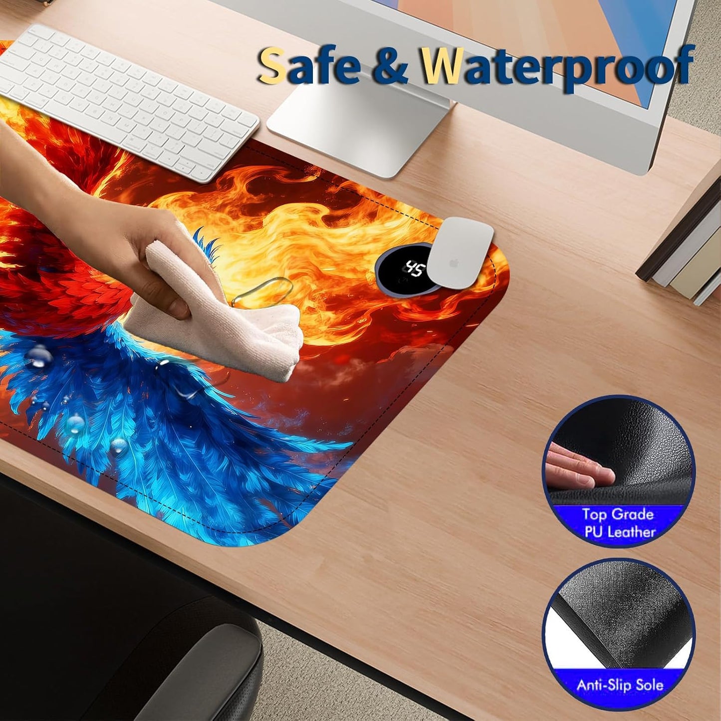 Heated Mouse Pad with 3 Temperature Settings(104°F–122°F),Large 24x14.2 Inch PU Leather Heated Desk Mat,Waterproof Warming Pad for Office,Gaming & Cold Hands Relief,Fiery Phoenix Bird