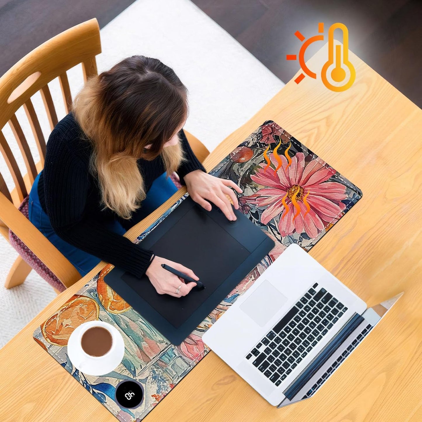 Heated Mouse Pad 31.5x13 in 3-Temp Fast Heating Desk Mat with Auto Timer Warmer for Hands Wrist Pain Relief Waterproof Keyboard Mat for Office, Gaming, Home, Floral Kitchen