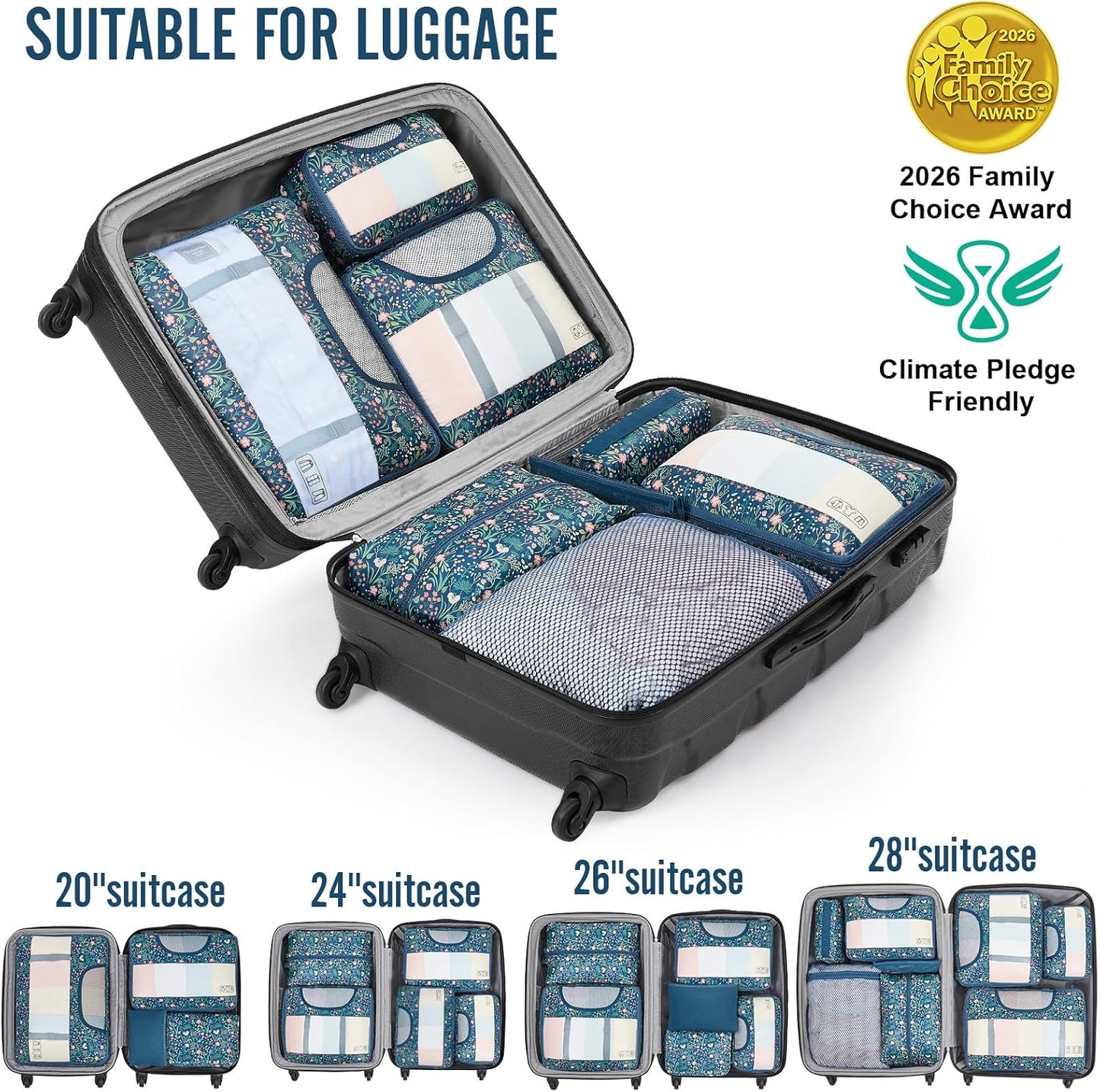 Veken 8 Set Packing Cubes for Travel Essentials, Suitcase Organizer Bags in 4 Sizes, Carry-On Luggage Accessories with Large Laundry & Hanging Toiletry Bag, Must-Have for Airplane, Road Trip & Camping