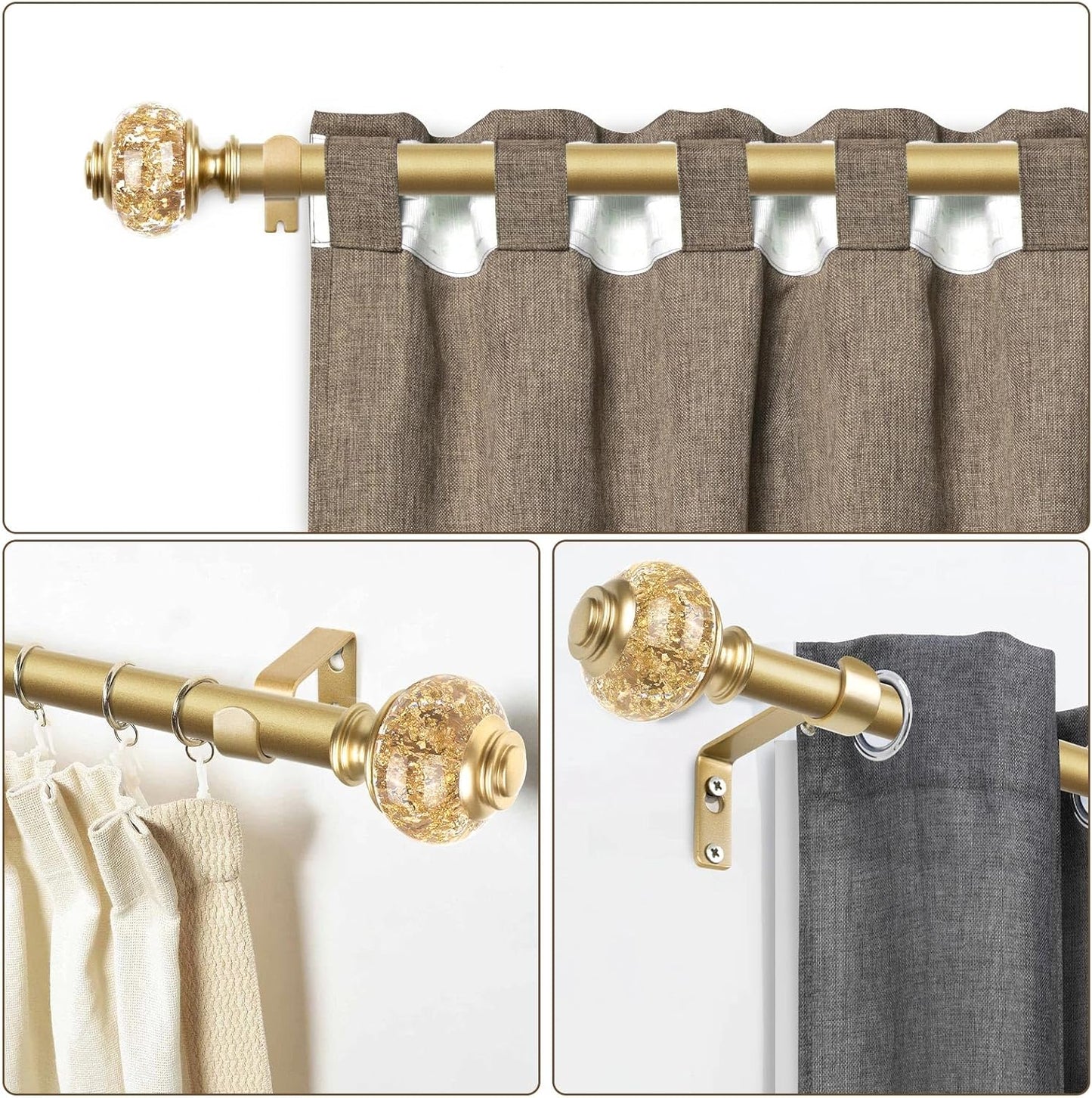 1 Inch Gold Curtain Rods for Windows 36 to 72 Inches (3 to 6 ft), USFOOK Telescoping Single Drapery Rod, Decorative Curtain Rod with Luxury Translucent Finials