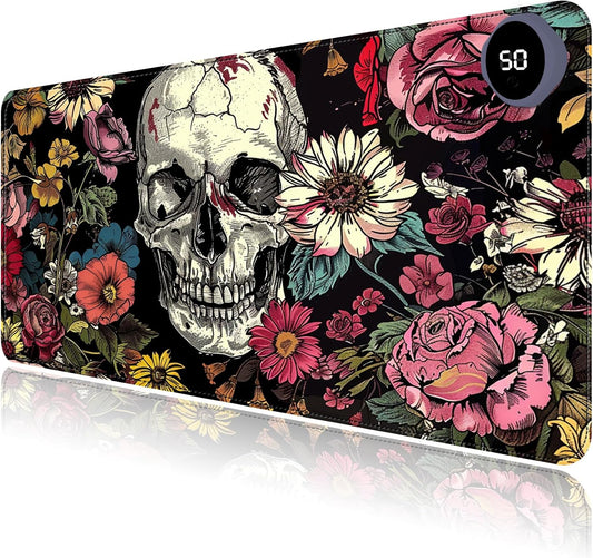 Heated Mouse Pad with 3 Levels Heated & 3 Hours Auto Shut-Off Mouse Pad for Warming Hands in Office Home, 23.6" x 14.2"Large Safe Desk Mat Hand Warmer，Skull in Flowers