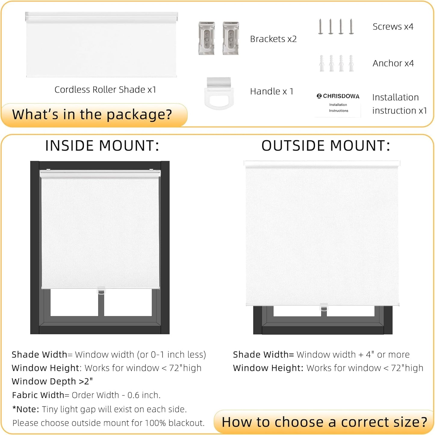 ChrisDowa Cordless Blackout Roller Shades for Windows, Thermal Insulated UV Protection Pull Down Shades, Total Blackout Window Blinds for Home, Office, Bedroom, Door (33" W x 72" H, White)