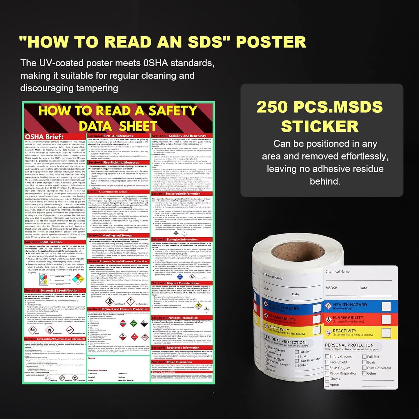 2 Pack MSDS SDS Binder and Wall Station,Yellow Heavy Duty 3 Inch Material Safety Data Sheet 3 Ring Binder with SDS Wire Rack and Display Sign,Chain,Safety Posters,MSDS Labels,Binder Wall Mount