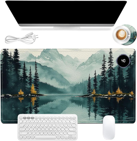 Heated Mouse Pad 23.6 x 14 in 3-Temp Fast Heating Desk Mat with Auto Timer Warmer for Hands Wrist Pain Relief Waterproof Keyboard Mat for Office, Gaming, Home, Forest Reflections