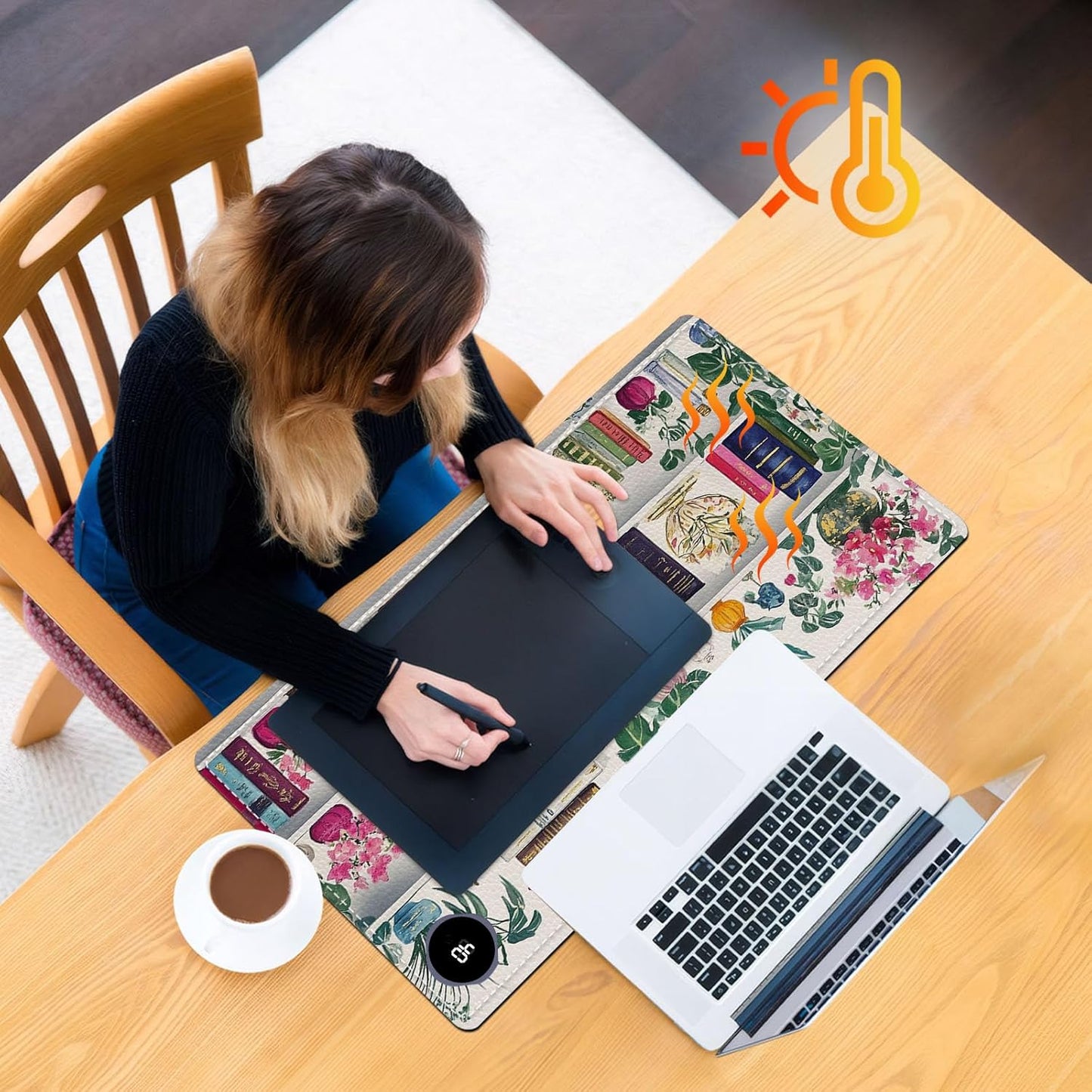 Heated Mouse Pad 23.6 x 14 in 3-Temp Fast Heating Desk Mat with Auto Timer Warmer for Hands Wrist Pain Relief Waterproof Keyboard Mat for Office, Gaming, Home, Bookshelf Floral