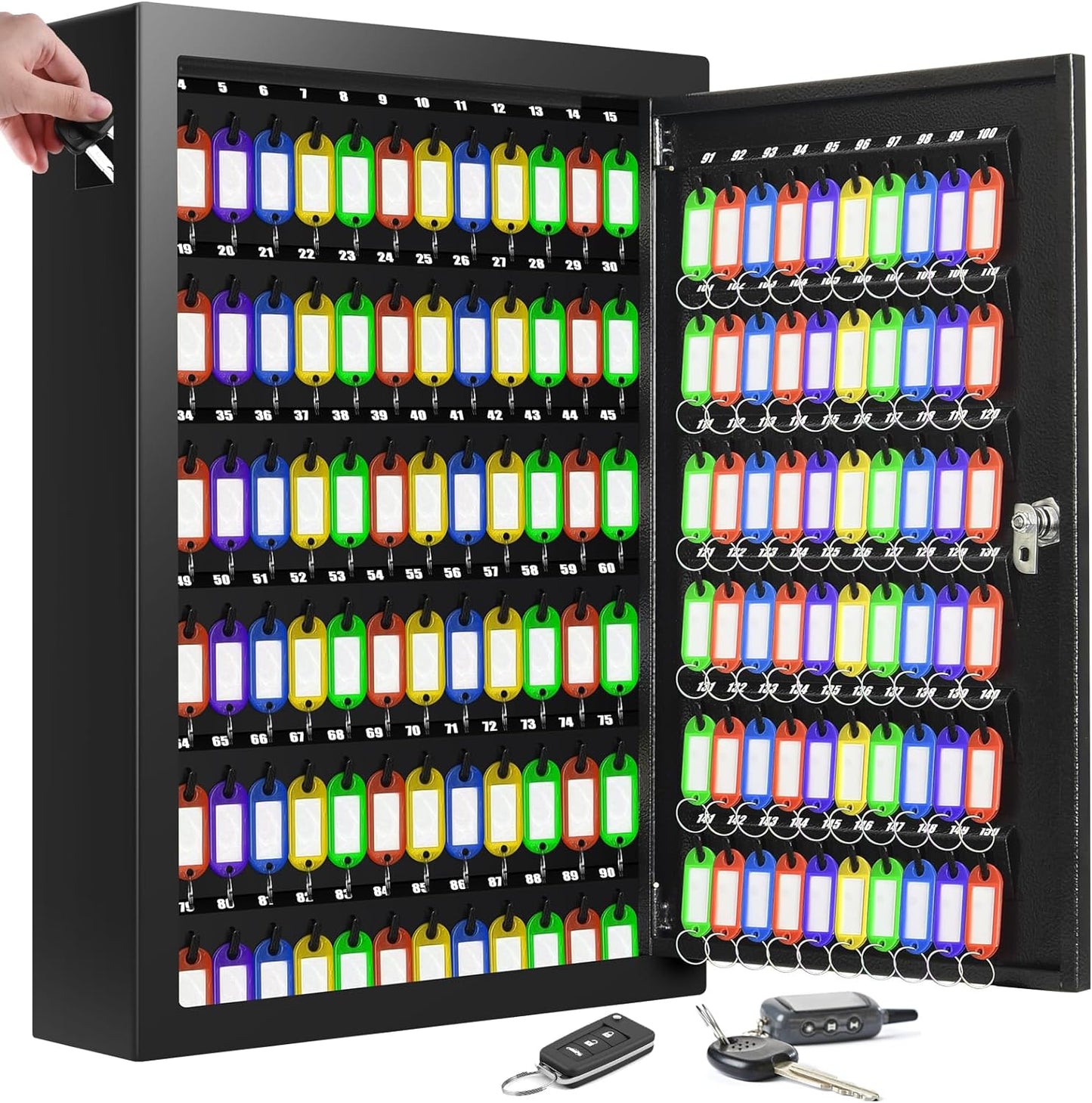 150 Keys Cabinet Organizer Wall Mount, Heavy Duty Key Lock Box with Key Hooks & 150 Tags Key Labels, Security Lockbox for Valets, Hotels, Car, Office Key Management & Storage